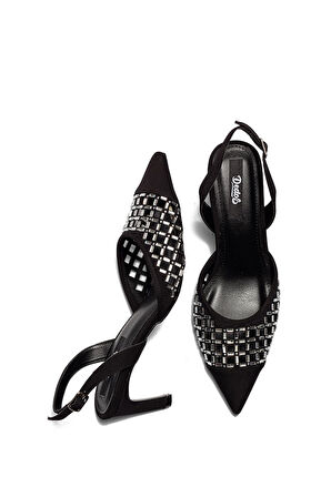 Kadın Topuklu Kristal Taşlı Saten Abiye Ayakkabı SİYAH 5205