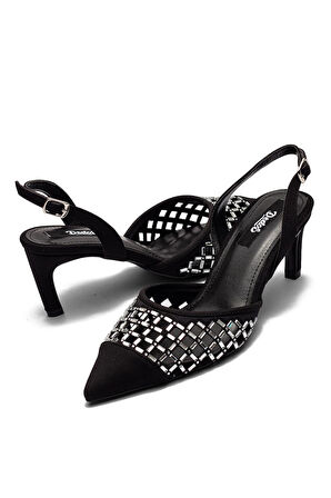Kadın Topuklu Kristal Taşlı Saten Abiye Ayakkabı SİYAH 5205