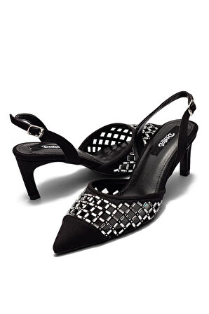 Kadın Topuklu Kristal Taşlı Saten Abiye Ayakkabı SİYAH 5205