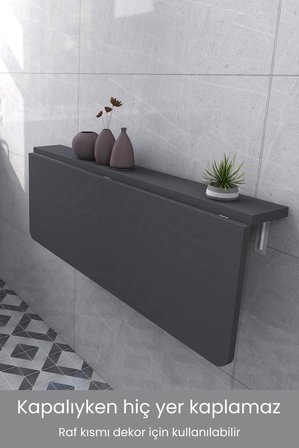 Duvara Monte Katlanır Masa + 2’li Raf Seti 60 x 110 cm Oval Köşe Yer Kaplamaz Çok Amaçlı Masa Antrasit Gri
