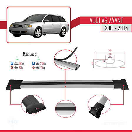 Audi A6 Avant 2001-2005 Arası ile Uyumlu FLY Model Ara Atkı Tavan Barı Gri 2 Adet