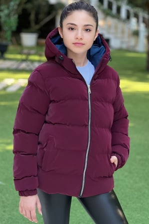 Kız Çocuk Kapüşonlu Cepli Su Geçirmez Nova Kumaş Kışlık Mont KM4011