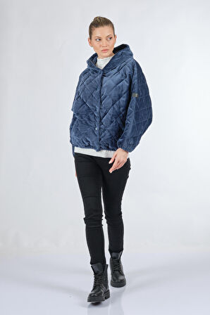 Bsb Kapüşonlu Peluş Kürk Mavi Kadın Mont 048-217008