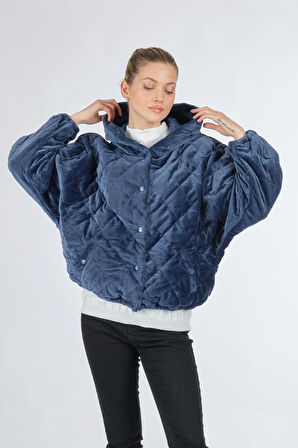 Bsb Kapüşonlu Peluş Kürk Mavi Kadın Mont 048-217008