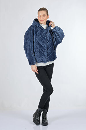 Bsb Kapüşonlu Peluş Kürk Mavi Kadın Mont 048-217008