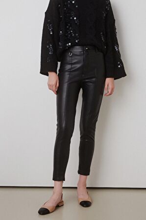 Bsb Deri Görünümlü Yüksel Bel Siyah Kadın Tayt 050-143001