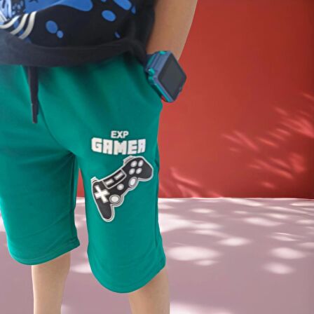 Gamer Yazı Desenli Cepli Şortlu Yeşil Renk Erkek Çocuk Takım