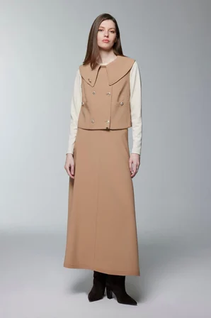 Aksesuar Ve Düğme Detaylı Üçlü Kombin Camel Takım 1371