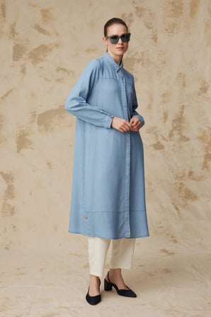 Minimal Cepli Uzun Kesim Klasik Yaka Mavi Tunik 1626