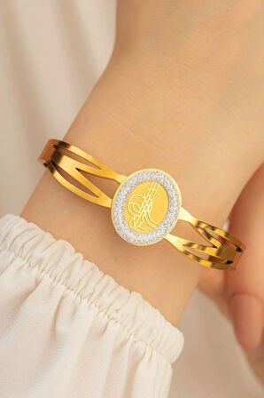 Kadın Bileklik - 22 Ayar Gerçek Altın Kaplama (KARARMAZ) Zirkon Taşlı Çelik Kadın Kelepçe