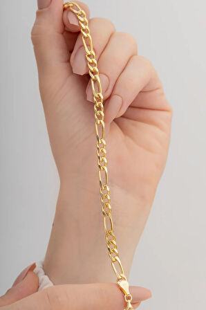 18 Ayar Gerçek Altın Kaplama Kararmayan 4 Mm Kalınlıkta Figaro Model Kadın Gümüş Bileklik