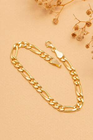 18 Ayar Gerçek Altın Kaplama Kararmayan 4 Mm Kalınlıkta Figaro Model Kadın Gümüş Bileklik