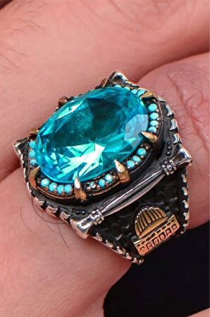 Mescidi Aksa Kabartmalı Paraiba Taşlı 925 Ayar Gümüş Erkek Yüzük