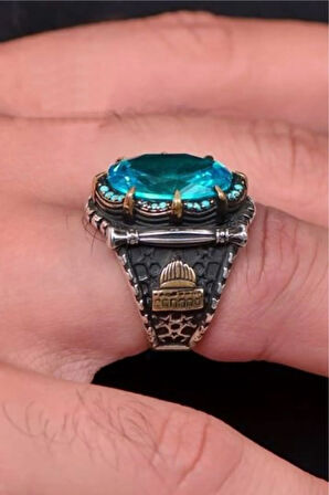 Mescidi Aksa Kabartmalı Paraiba Taşlı 925 Ayar Gümüş Erkek Yüzük