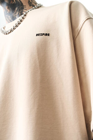 Erkek Respire Yazı Detaylı Oversize T-Shirt Bej