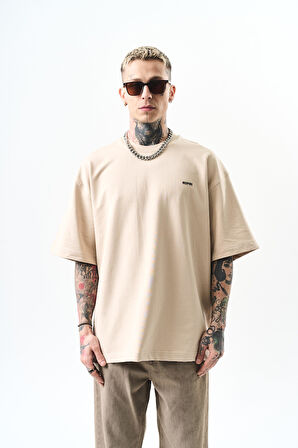 Erkek Respire Yazı Detaylı Oversize T-Shirt Bej