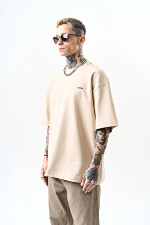 Erkek Respire Yazı Detaylı Oversize T-Shirt Bej