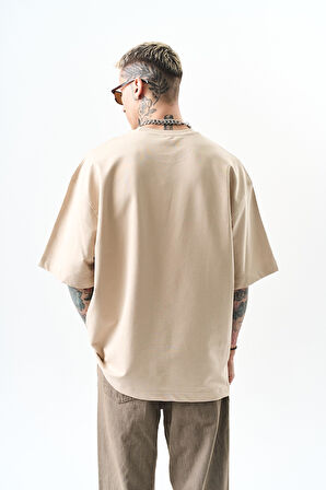 Erkek Respire Yazı Detaylı Oversize T-Shirt Bej