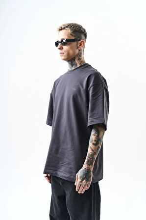 Erkek Respire Yazı Detaylı Oversize T-Shirt Füme