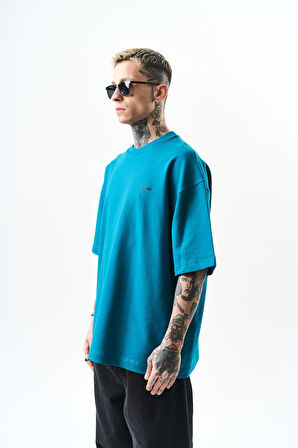 Erkek Respire Yazı Detaylı Oversize T-Shirt Petrol