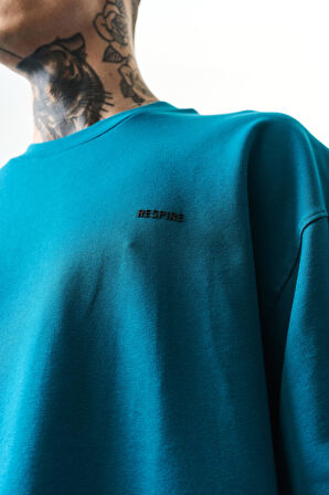 Erkek Respire Yazı Detaylı Oversize T-Shirt Petrol