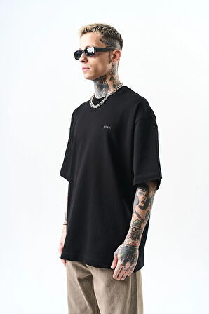 Erkek Respire Yazı Detaylı Oversize T-Shirt Siyah