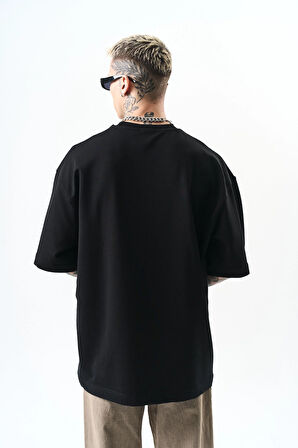 Erkek Respire Yazı Detaylı Oversize T-Shirt Siyah