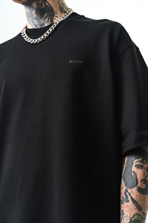Erkek Respire Yazı Detaylı Oversize T-Shirt Siyah