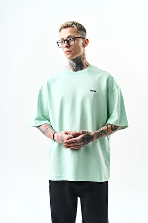 Erkek Respire Yazı Detaylı Oversize T-Shirt Su Yeşili