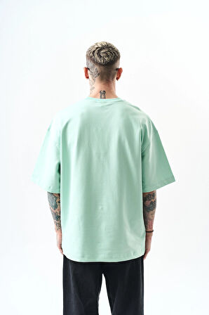 Erkek Respire Yazı Detaylı Oversize T-Shirt Su Yeşili