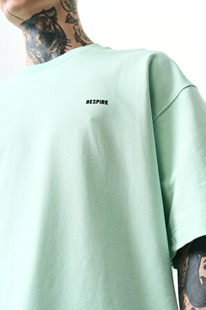 Erkek Respire Yazı Detaylı Oversize T-Shirt Su Yeşili