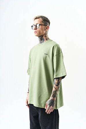 Erkek Respire Yazı Detaylı Oversize T-Shirt Yağ Yeşili