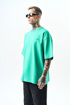 Erkek Respire Yazı Detaylı Oversize T-Shirt Yeşil