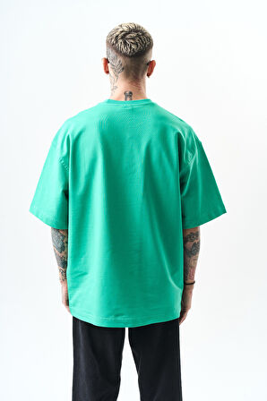 Erkek Respire Yazı Detaylı Oversize T-Shirt Yeşil