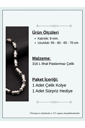 Erkek Siyah Gri Boru Model Gerçek Çelik Kolye - 316 L Ithal Paslanmaz Dayanıklı Çelik Kolye