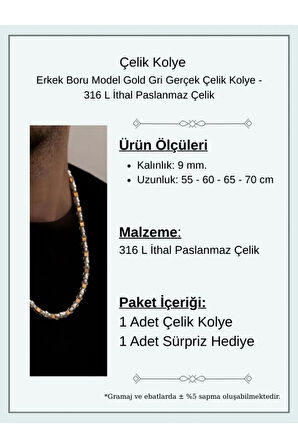 Erkek Gold Gri Boru Model Gerçek Çelik Kolye - 316 L Ithal Paslanmaz Dayanıklı Çelik Kolye
