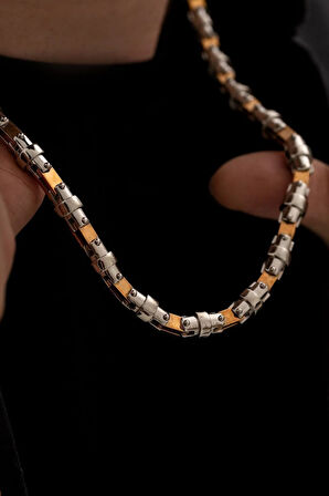 Erkek Gold Gri Boru Model Gerçek Çelik Kolye - 316 L Ithal Paslanmaz Dayanıklı Çelik Kolye