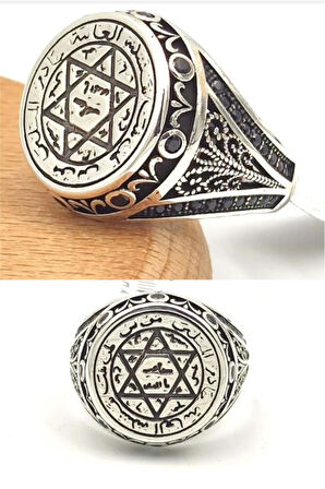 Erkek Gümüş Yüzük - Hz Süleyman Mührü İşlemeli 925 Ayar Gümüş Erkek Yüzük