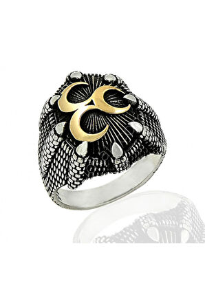 Erkek Gümüş Yüzük - Üç Hilal Motifli Kartal Pençeli 925 Ayar Gümüş Erkek Yüzük