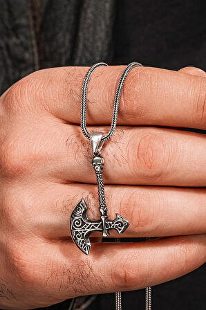 925 Ayar Gümüş Viking Savaşçı Baltası Erkek Kolye Tilki Kuyruğu Zincir Parlak Model