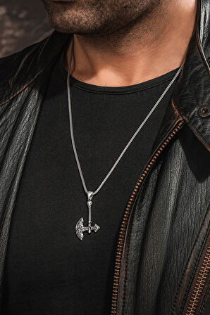 925 Ayar Gümüş Viking Savaşçı Baltası Erkek Kolye Tilki Kuyruğu Zincir Parlak Model