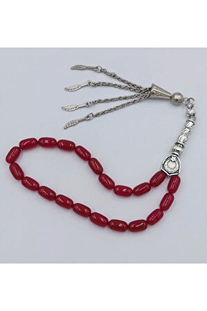 KIRMIZI BİLEK BOY ALPAKA PÜSKÜLLÜ ATEŞ KEHRİBAR TESPİH (AHŞAP KUTULU)