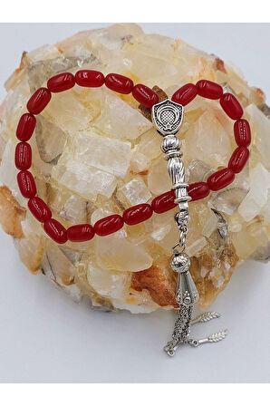 KIRMIZI BİLEK BOY ALPAKA PÜSKÜLLÜ ATEŞ KEHRİBAR TESPİH (AHŞAP KUTULU)