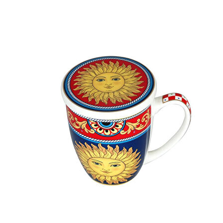 Lucky Art Desenli Bone China Porselen Kapaklı ve Süzgeçli Kupa 570 ml LYBA 034