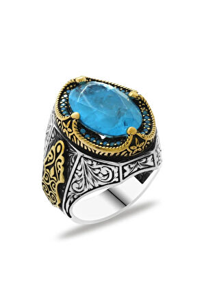 Erkek Yüzük - Aqua Paraiba Taşlı 925 Ayar Erkek Gümüş Yüzük