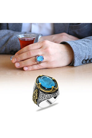 Erkek Yüzük - Aqua Paraiba Taşlı 925 Ayar Erkek Gümüş Yüzük