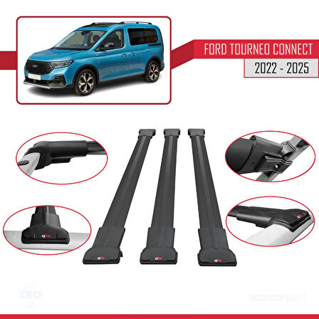 Ford Transit/Tourneo Connect 3 2022 ve Sonrası ile Uyumlu FLY Model Ara Atkı Tavan Barı Siyah 3 Adet