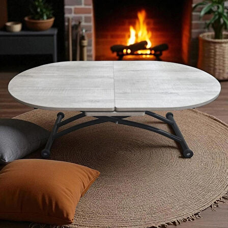 Oval Ortadan Açılır Akıllı Masa Üst Mdf Lizbon Alt Ayak Siyah Renk