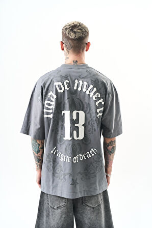 Erkek 13 Baskılı Oversize T-Shirt Füme
