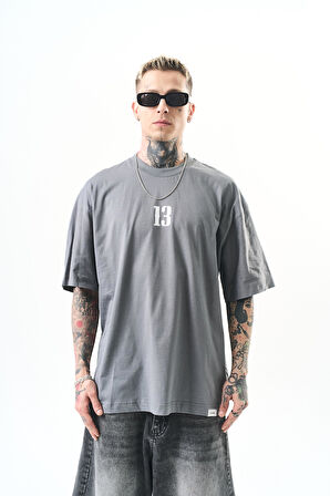 Erkek 13 Baskılı Oversize T-Shirt Füme